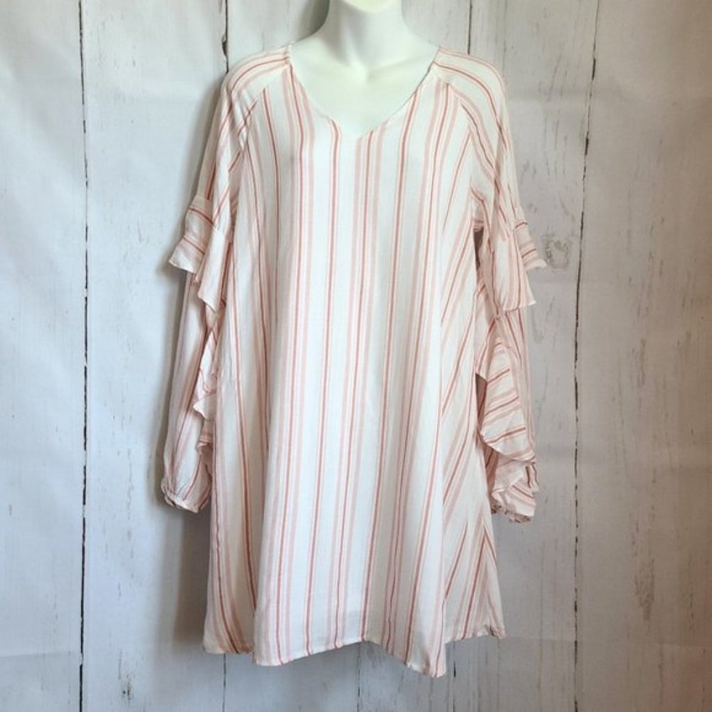 Loveriche Beach Mini Boho Ruffle Dress white stripe new longsleeve vneck dress